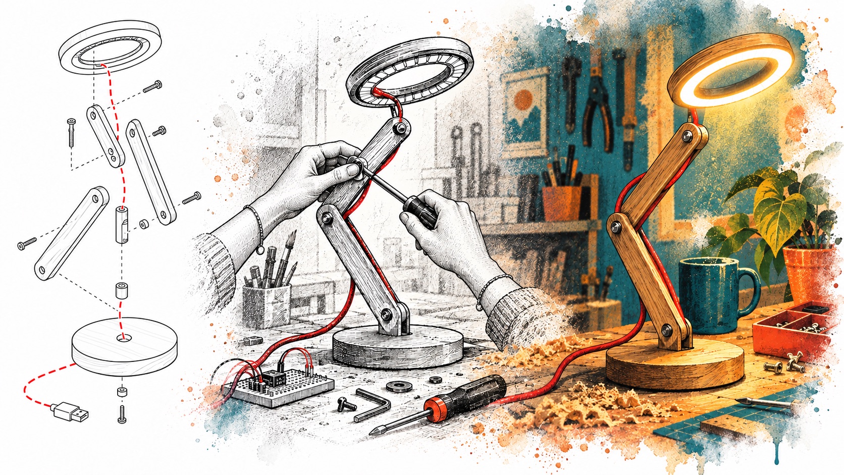 A desk lamp going from flat-pack assembly diagram, to a woman's hands tightening its arm in ink, to the finished lamp glowing on a workbench in watercolor.