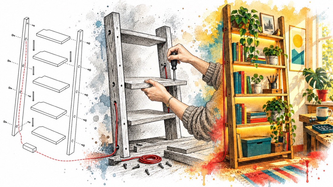 A ladder bookshelf going from exploded diagram to the finished shelf.
