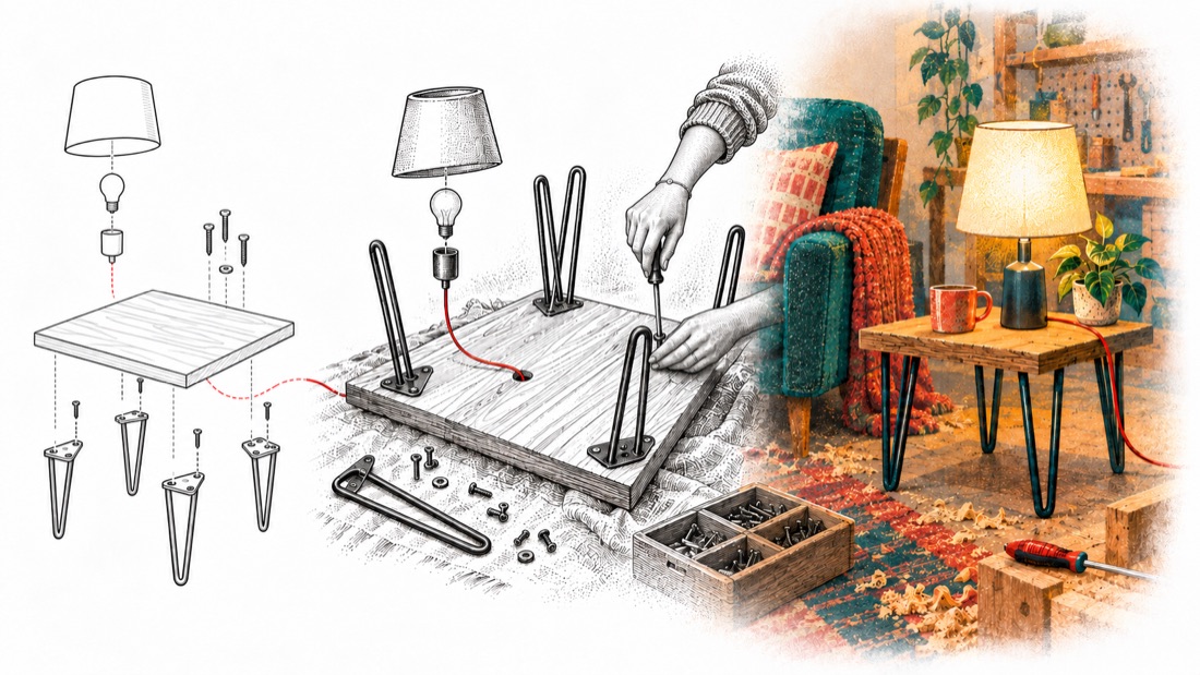 A side table going from flat-pack diagram to a woman's hands fixing the legs, to the finished table with a lamp beside an armchair.