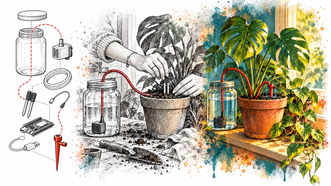A plant waterer going from parts diagram to a thriving monstera.